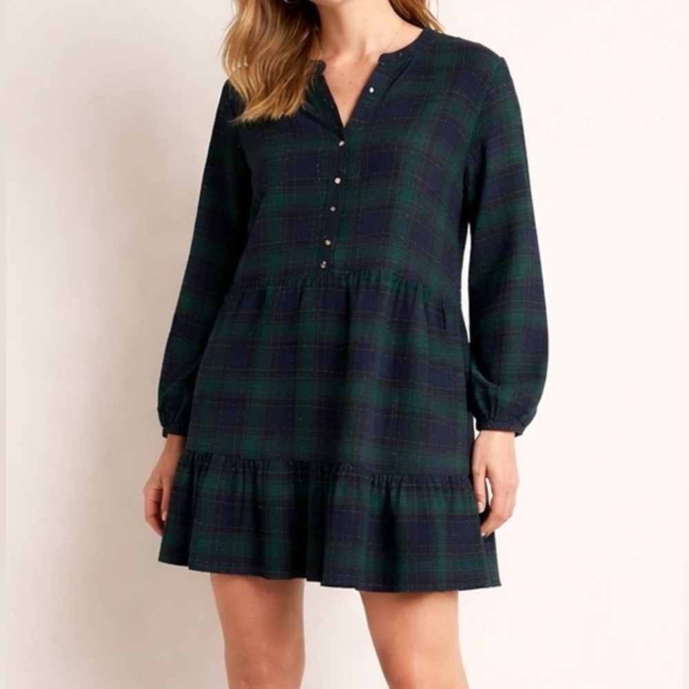 LOFT Tartan Green & Blue Shimmer Silver Plaid Tiered Pocket Dress Size Medium